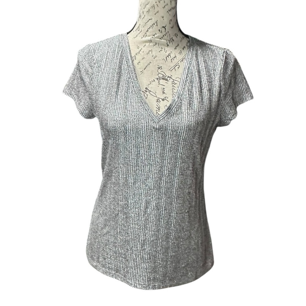WHBM Silver Metallic-look V-neck Casual T-Shirt Size Small